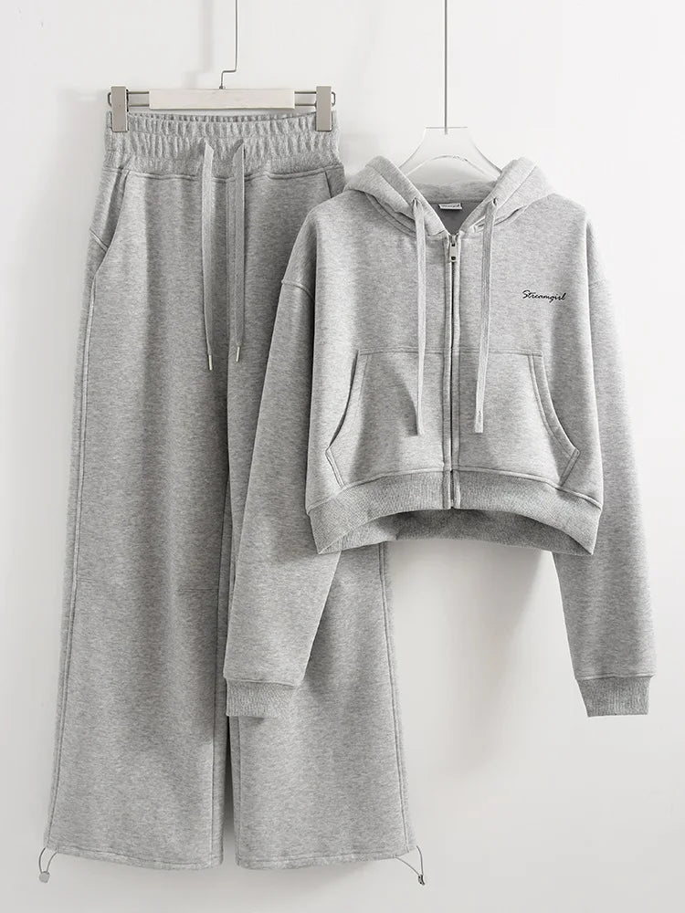 Women's Fleece Tracksuit Set – Zip-Up Hoodie & Wide-Leg Sweatpants | 2-Piece Lounge Set