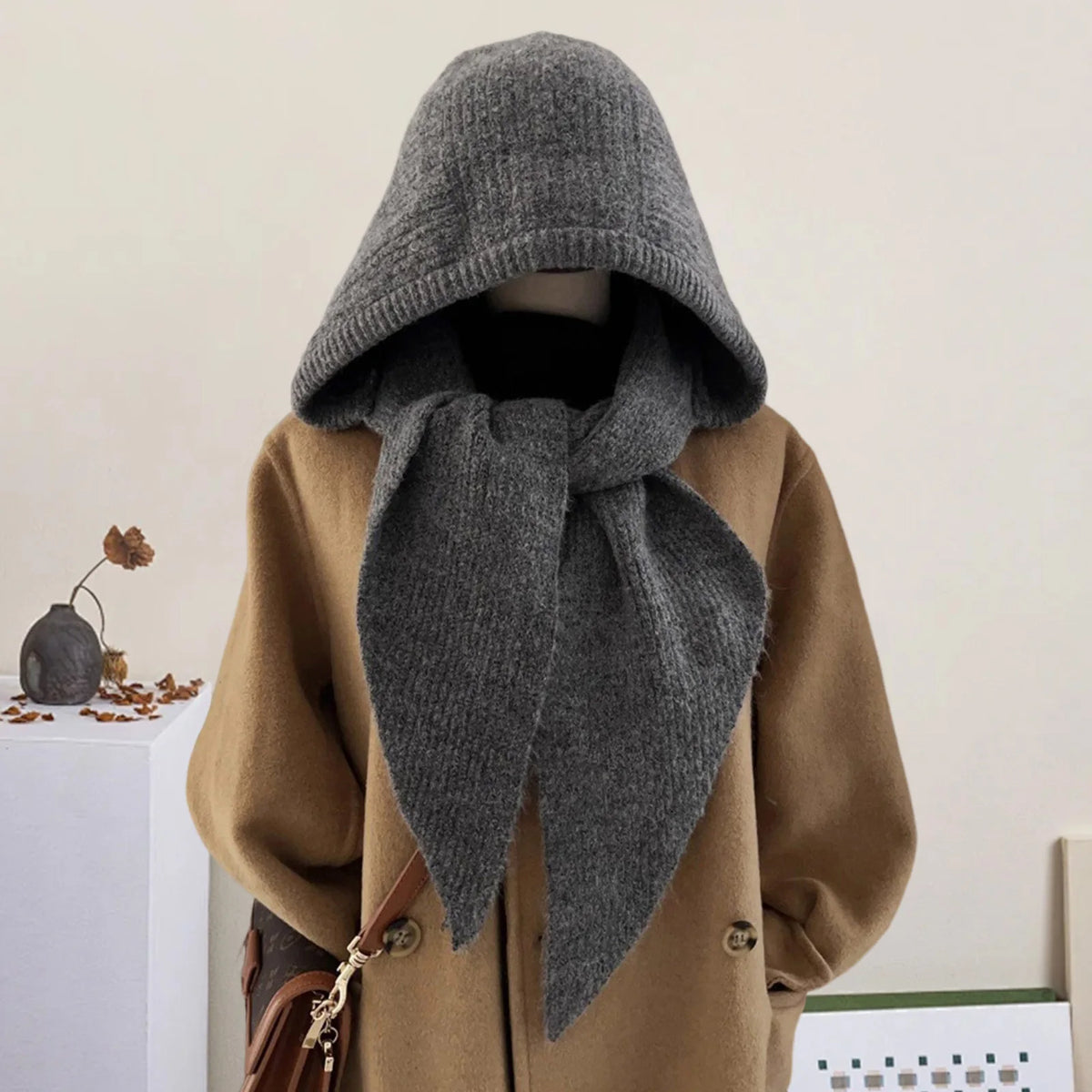 Women’s Knitted Hood Scarf – Warm Ribbed Winter Headwear