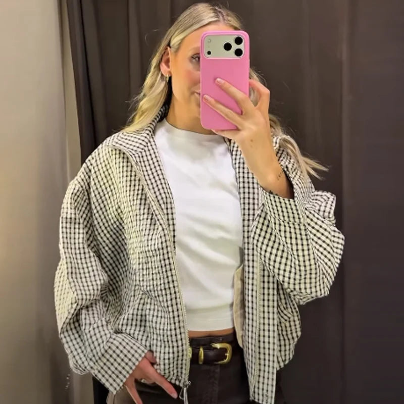 Women's Plaid Cropped Bomber Jacket – Oversized Zip-Up Outerwear for Spring & Autumn