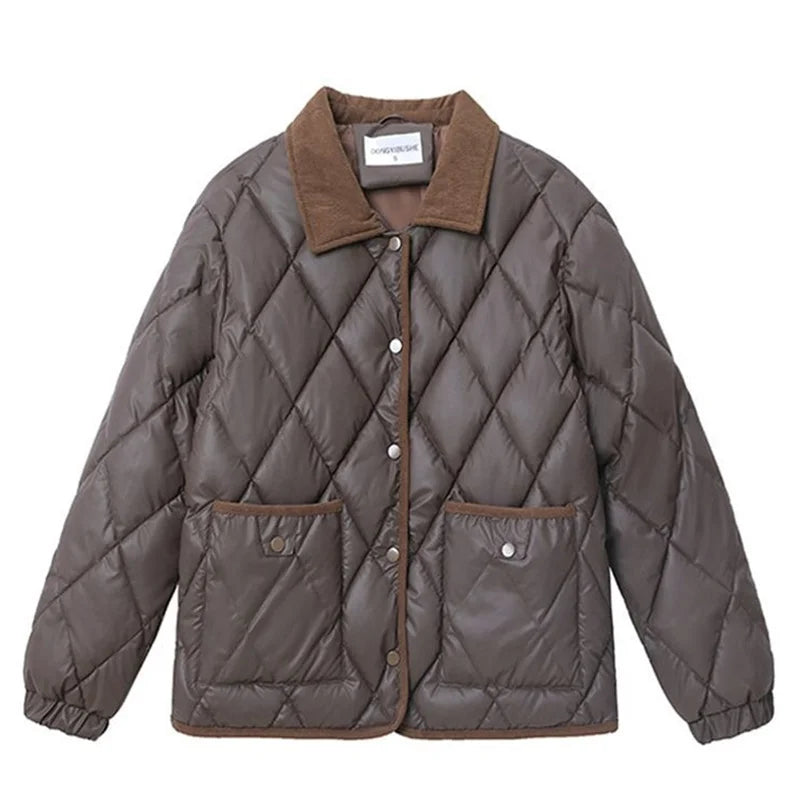Women's PU Leather Quilted Jacket – Short Cotton-Padded Coat with Button Closure