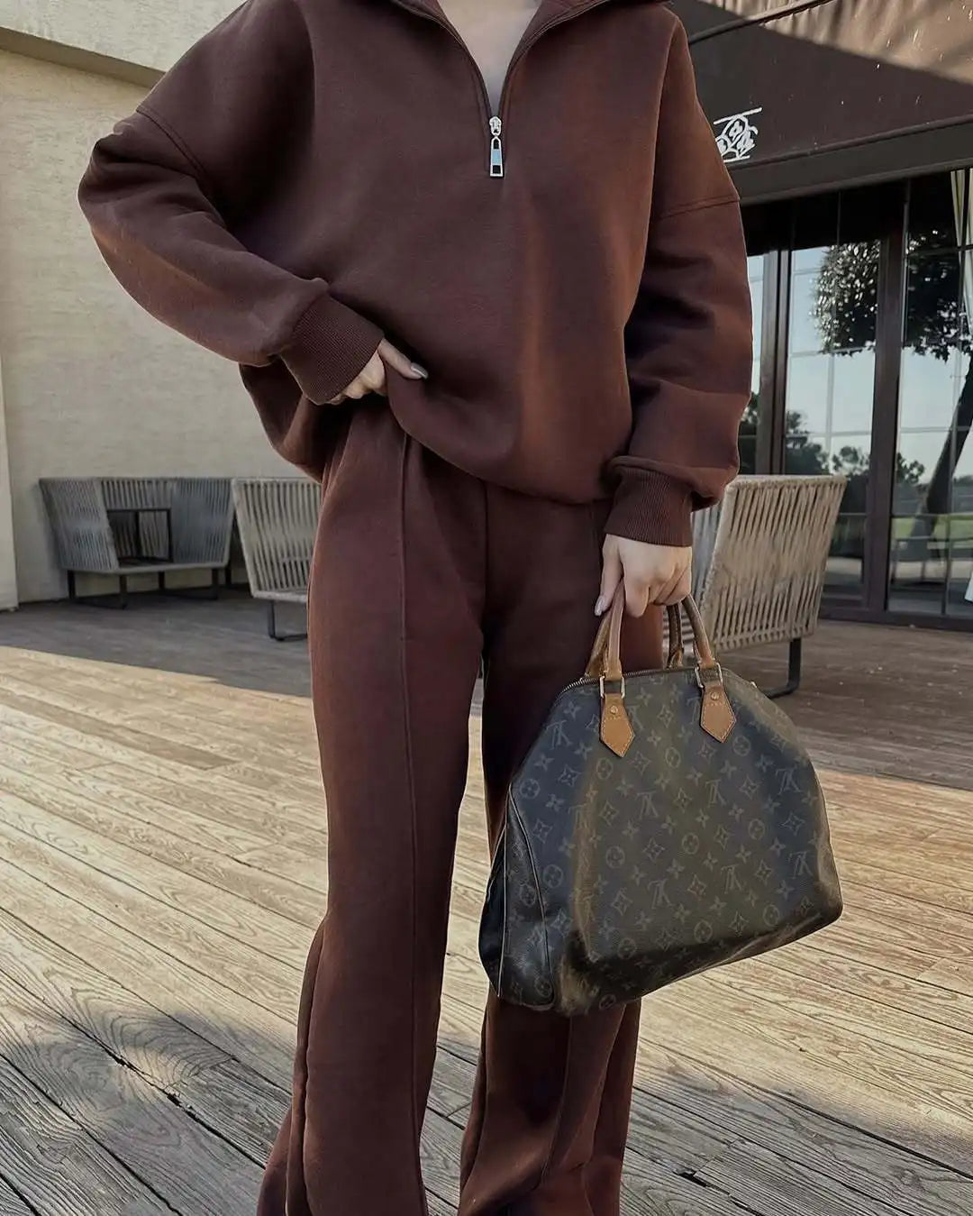 Women's Brown Fleece Tracksuit Set – Cropped Zip-Up Hoodie & Joggers