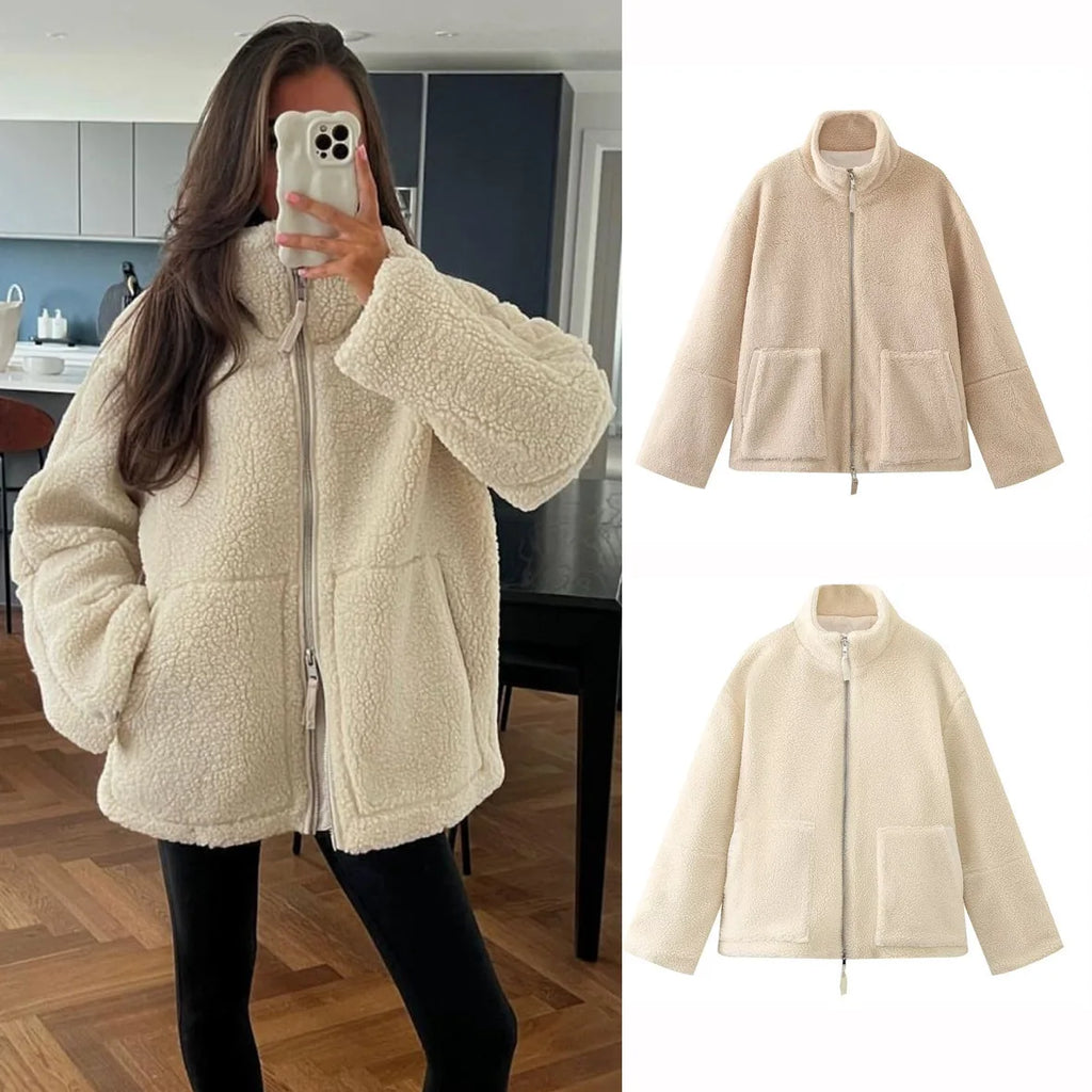 Women’s Wool Blend Jacket – Warm High Neck Zip-Up Winter Coat