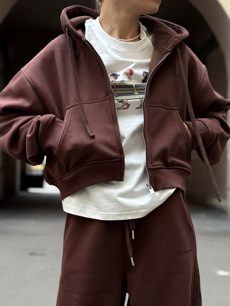 Women's Fleece Tracksuit Set – Zip-Up Hoodie & Wide-Leg Sweatpants | 2-Piece Lounge Set