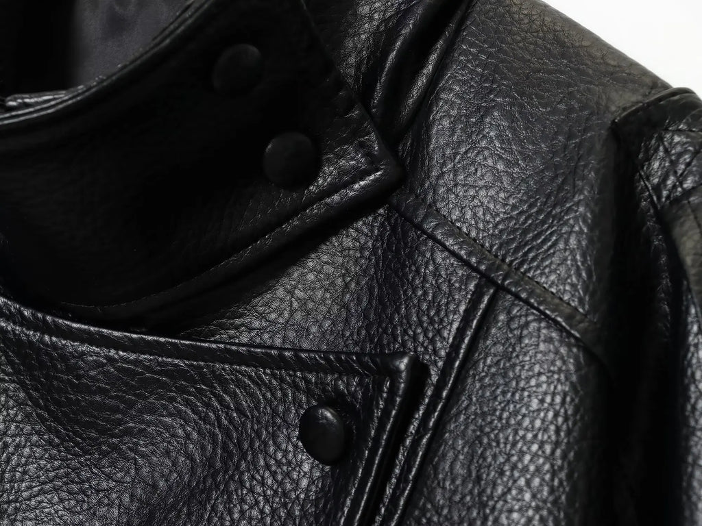 Women's Faux Leather Oversized Jacket – Long Sleeve Streetwear Coat with Button Detail