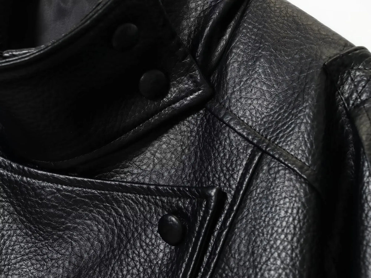 Women's Faux Leather Oversized Jacket – Long Sleeve Streetwear Coat with Button Detail