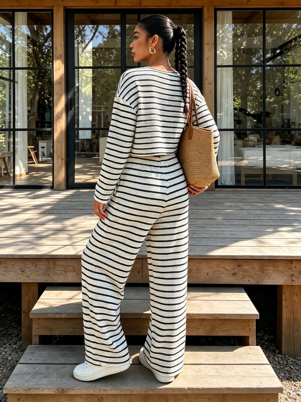 Women's Striped Knit Two-Piece Set – Crop Top & Wide-Leg Trousers