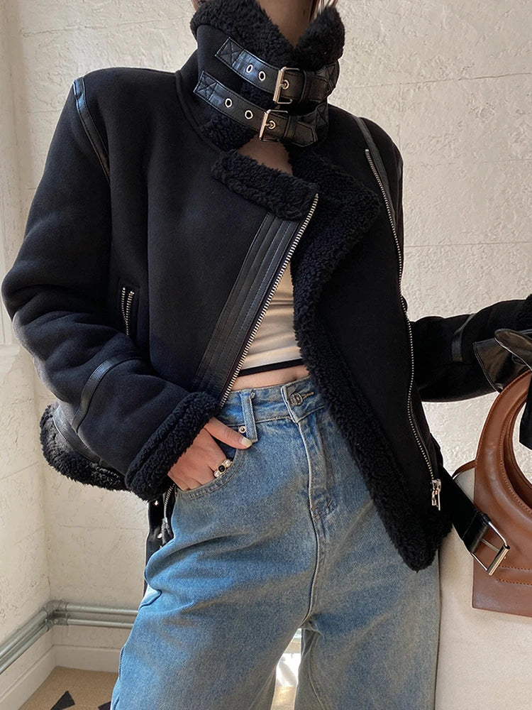 Ailegogo Women Winter Faux Shearling Sheepskin Leather Jackets Female Thick Warm Suede Lambs Short Motorcycle Brown Coat Outwear