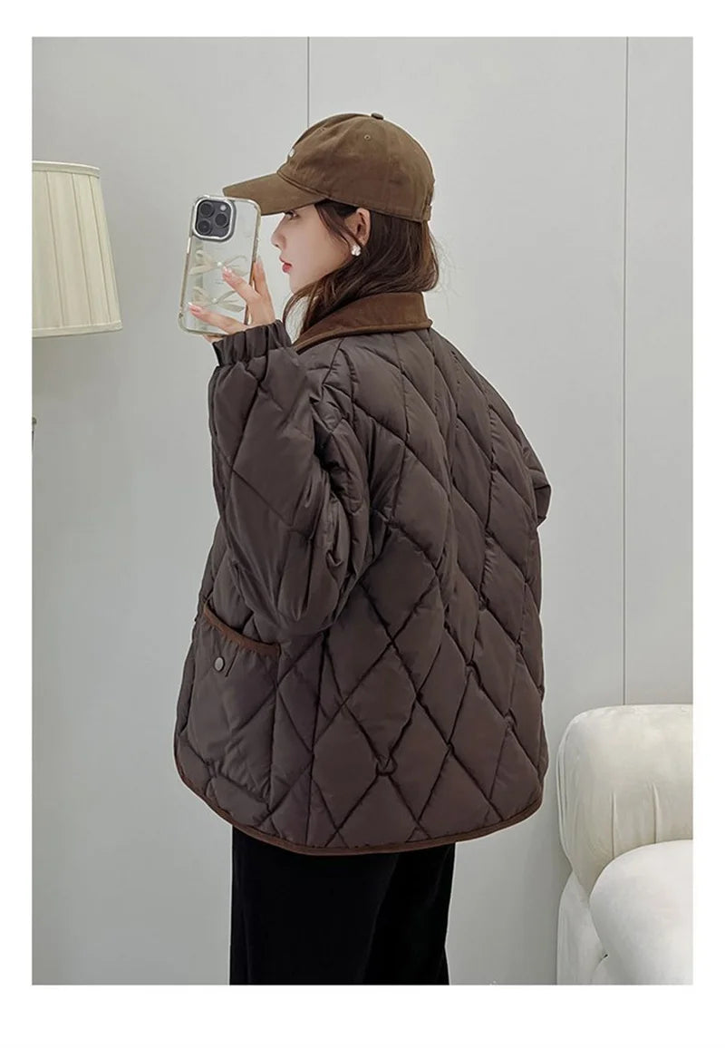 Women's PU Leather Quilted Jacket – Short Cotton-Padded Coat with Button Closure