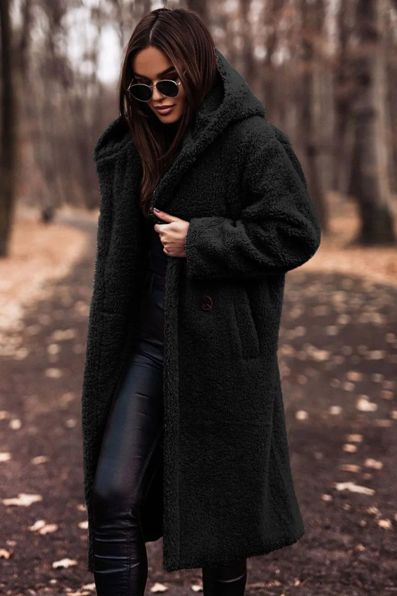 Women’s Warm Wool Coat – Long Hooded Thick Winter Jacket