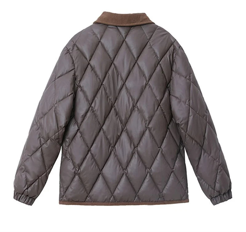 Women's PU Leather Quilted Jacket – Short Cotton-Padded Coat with Button Closure