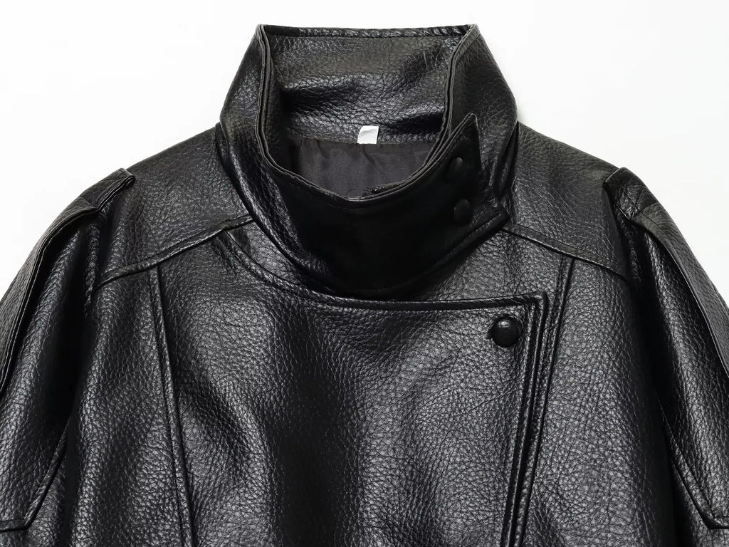 Women's Faux Leather Oversized Jacket – Long Sleeve Streetwear Coat with Button Detail