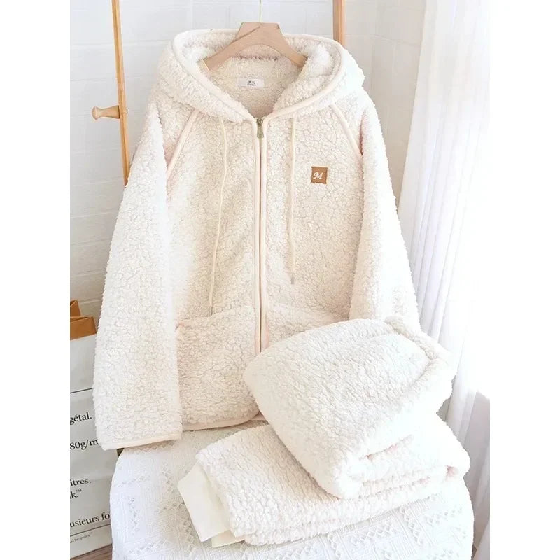 Women’s Fluffy Hooded Pyjama Set – Warm Zip-Up Winter Loungewear