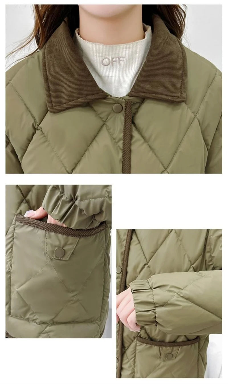 Women's PU Leather Quilted Jacket – Short Cotton-Padded Coat with Button Closure