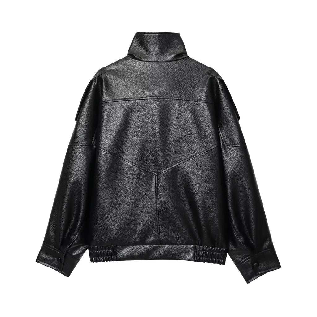 Women's Faux Leather Oversized Jacket – Long Sleeve Streetwear Coat with Button Detail
