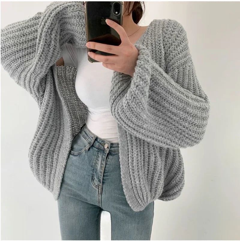 Women's Vintage Puff Sleeve Cardigan Sweater – Korean Streetwear Knit Coat