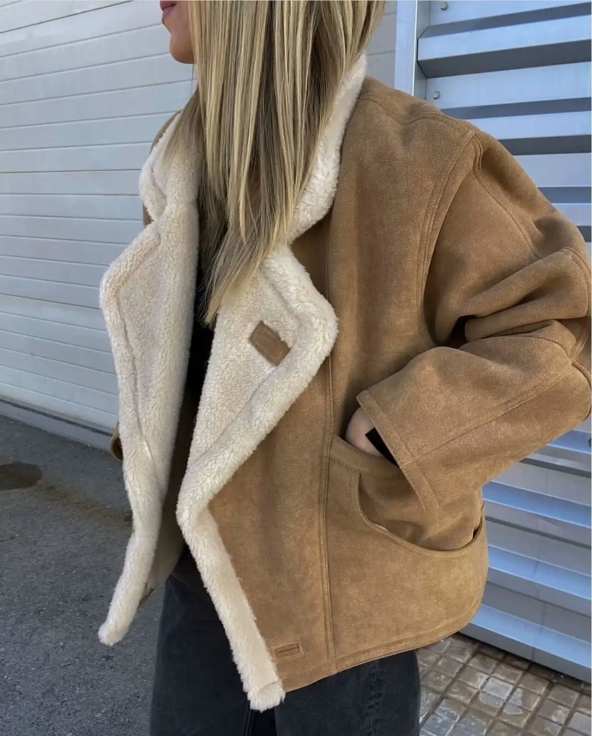 Retro Faux Lambswool Patchwork Warm Jacket Women Winter Loose Fleece Lined Thick Outerwear Woman Fashion Turn Label Cotton Coats