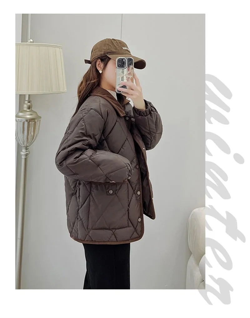 Women's PU Leather Quilted Jacket – Short Cotton-Padded Coat with Button Closure