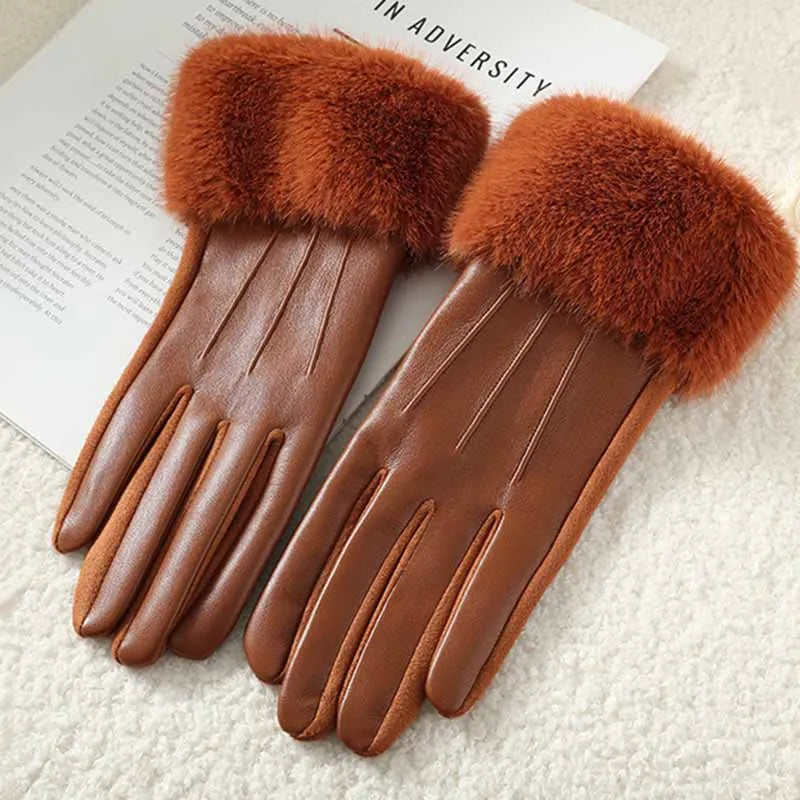 Women's Faux Fur Trim Leather-Look Gloves