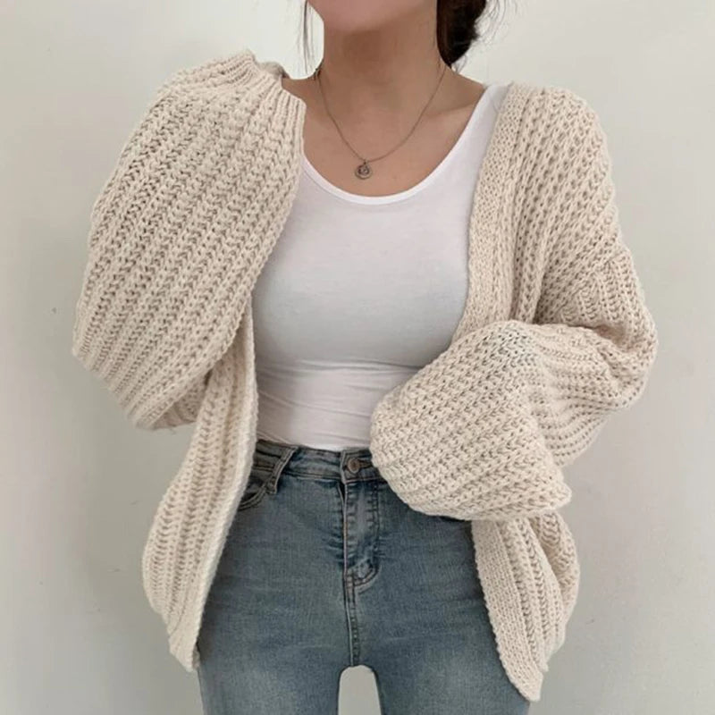 Women's Vintage Puff Sleeve Cardigan Sweater – Korean Streetwear Knit Coat