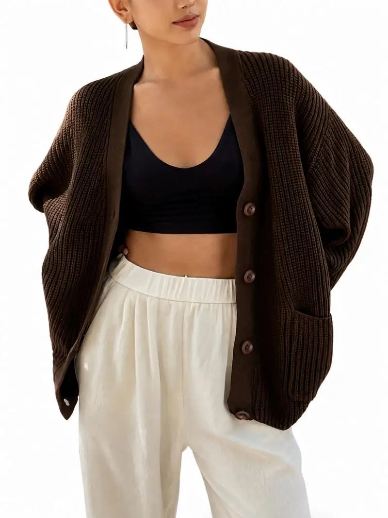 Women's Oversized Knit Cardigan – Dark Brown V-Neck Button-Up