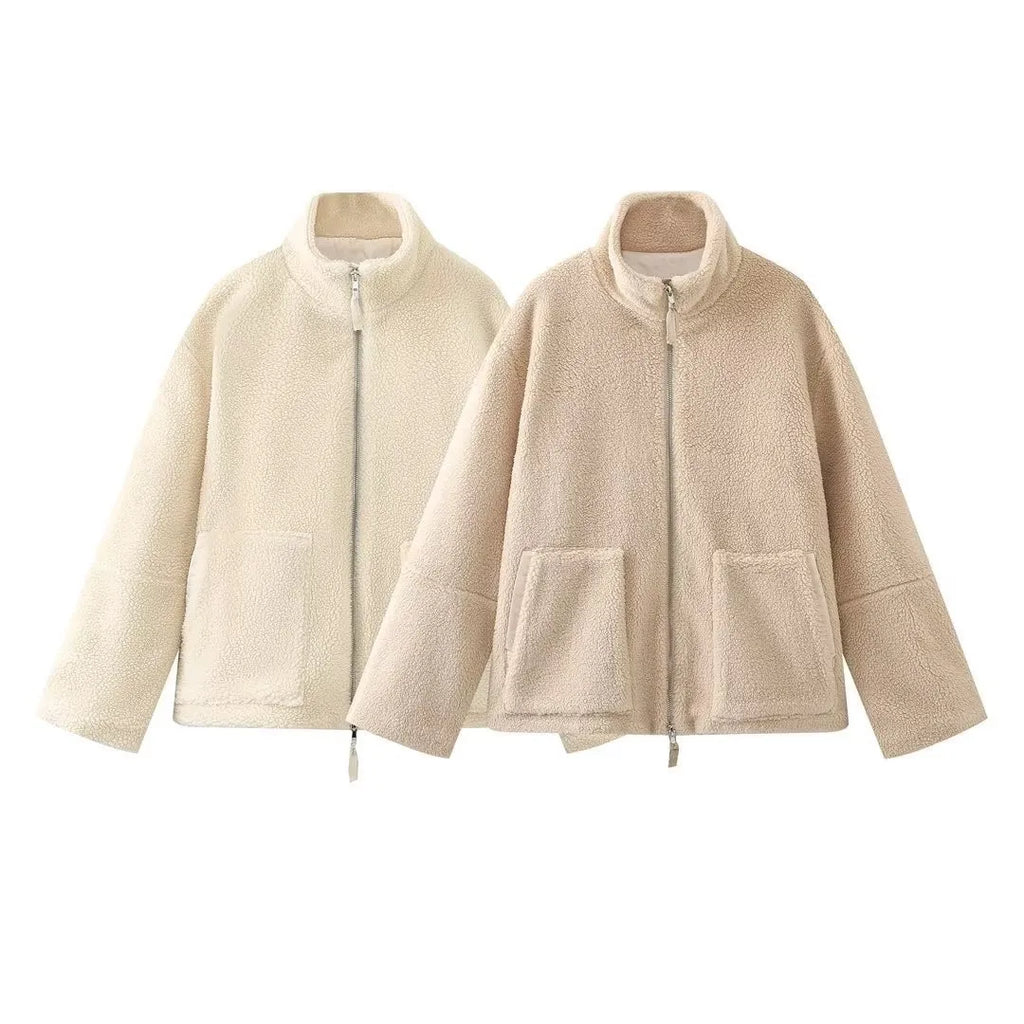 Women’s Wool Blend Jacket – Warm High Neck Zip-Up Winter Coat