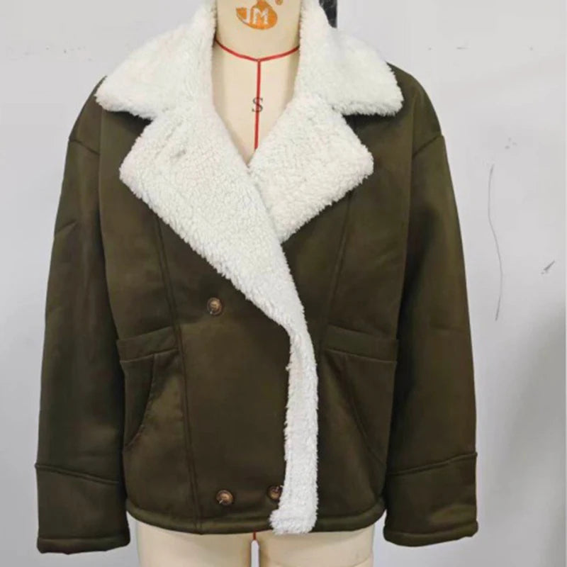 Retro Faux Lambswool Patchwork Warm Jacket Women Winter Loose Fleece Lined Thick Outerwear Woman Fashion Turn Label Cotton Coats