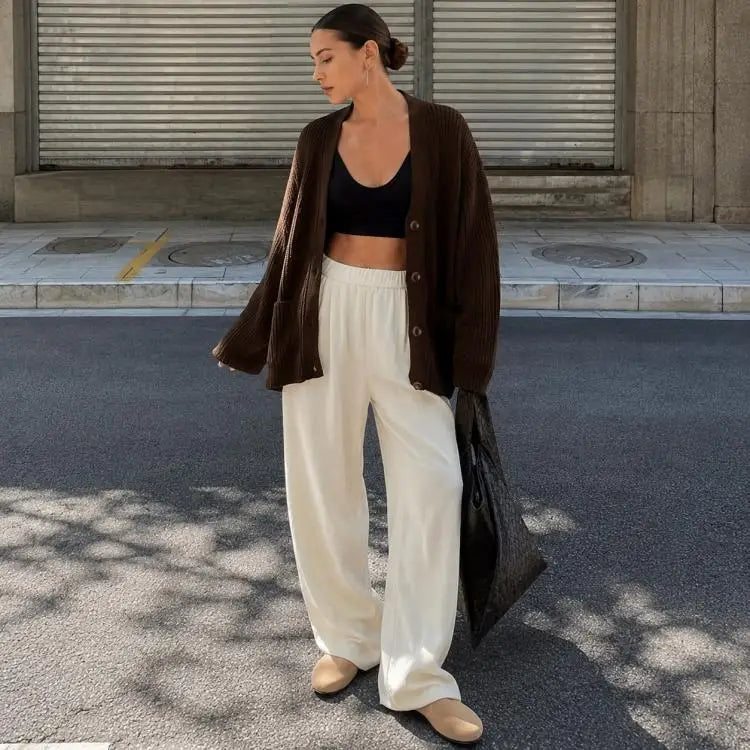 Women's Oversized Knit Cardigan – Dark Brown V-Neck Button-Up