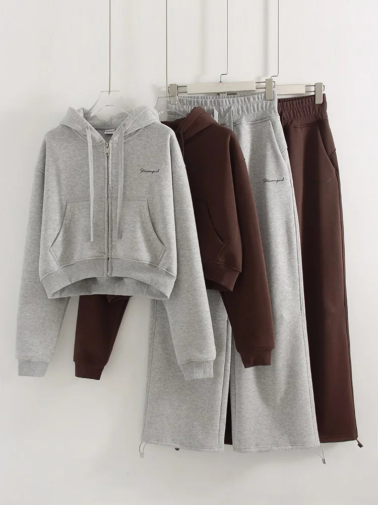 Women's Fleece Tracksuit Set – Zip-Up Hoodie & Wide-Leg Sweatpants | 2-Piece Lounge Set