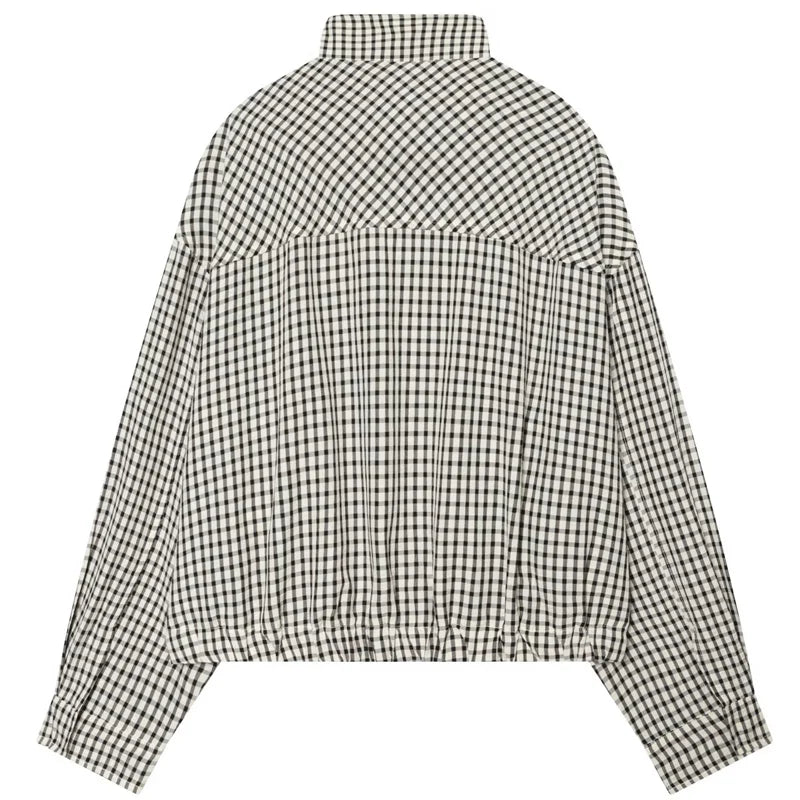 Women's Plaid Cropped Bomber Jacket – Oversized Zip-Up Outerwear for Spring & Autumn