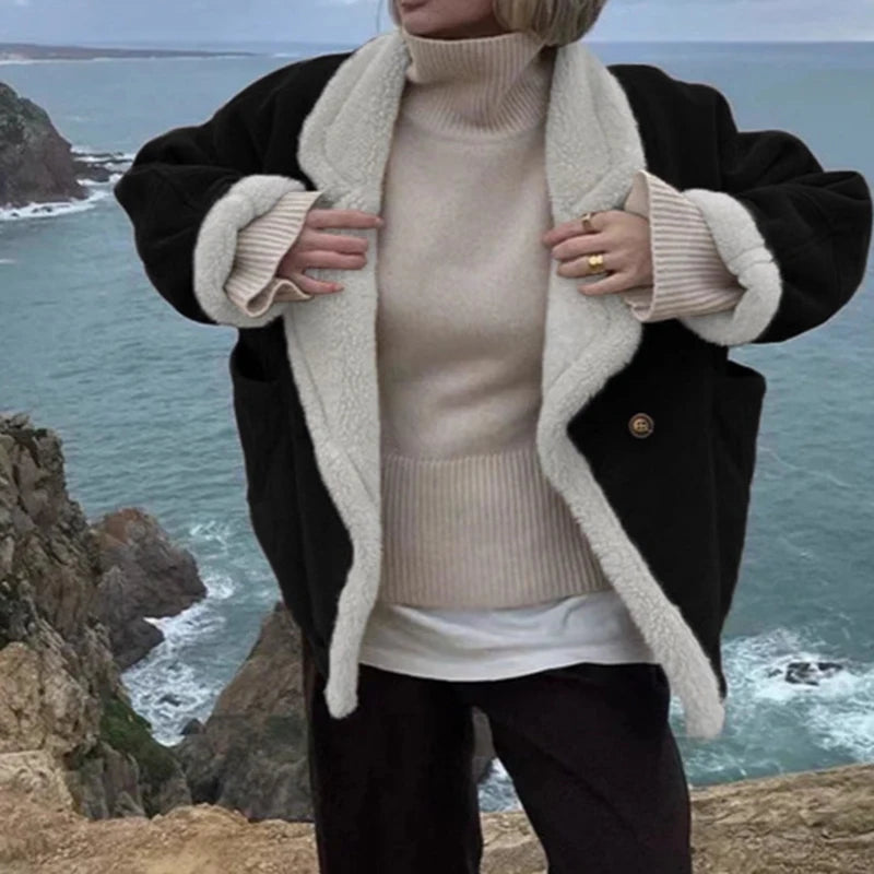 Retro Faux Lambswool Patchwork Warm Jacket Women Winter Loose Fleece Lined Thick Outerwear Woman Fashion Turn Label Cotton Coats