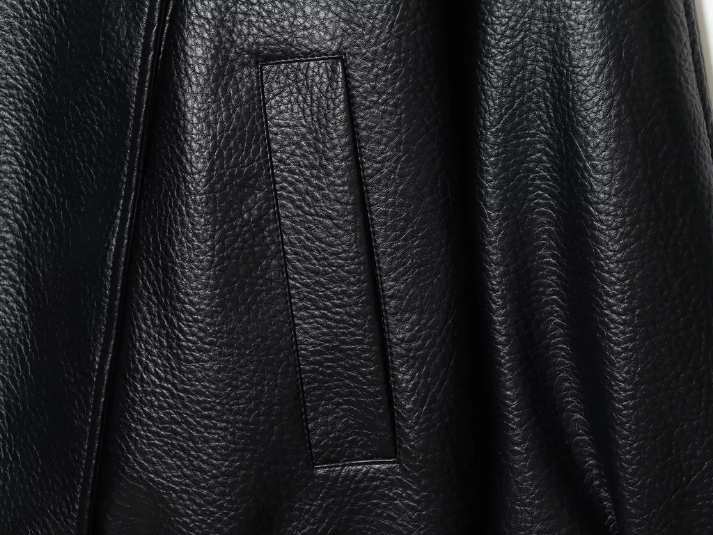 Women's Faux Leather Oversized Jacket – Long Sleeve Streetwear Coat with Button Detail
