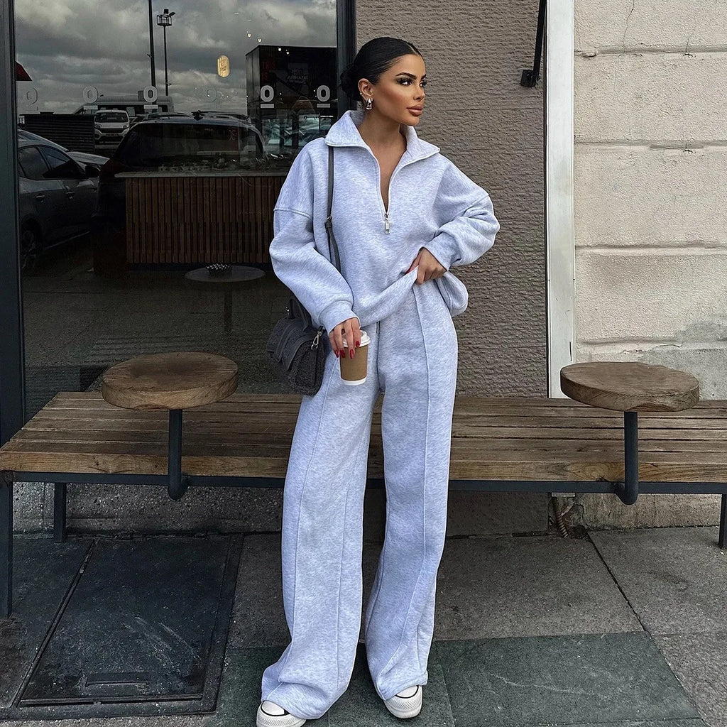 Women's Brown Fleece Tracksuit Set – Cropped Zip-Up Hoodie & Joggers