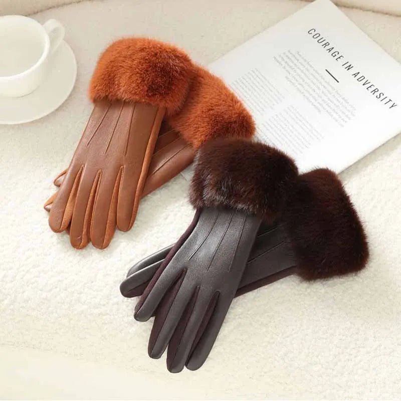 Women's Faux Fur Trim Leather-Look Gloves