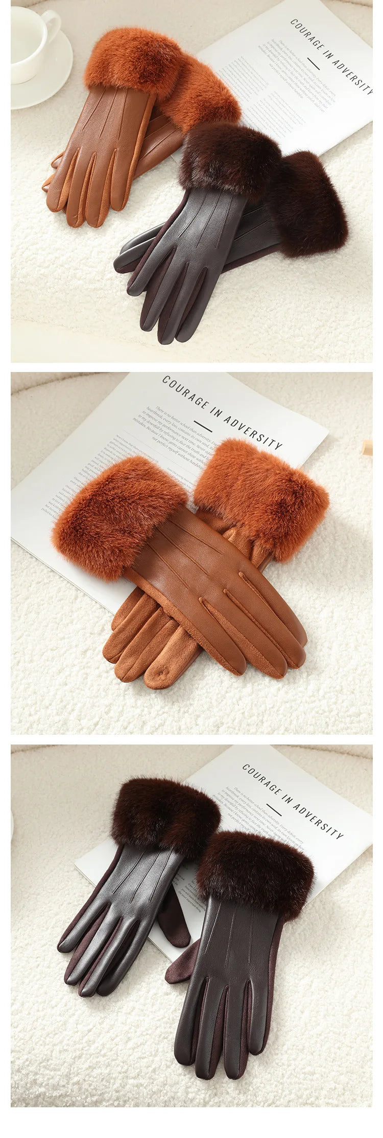 Women's Faux Fur Trim Leather-Look Gloves