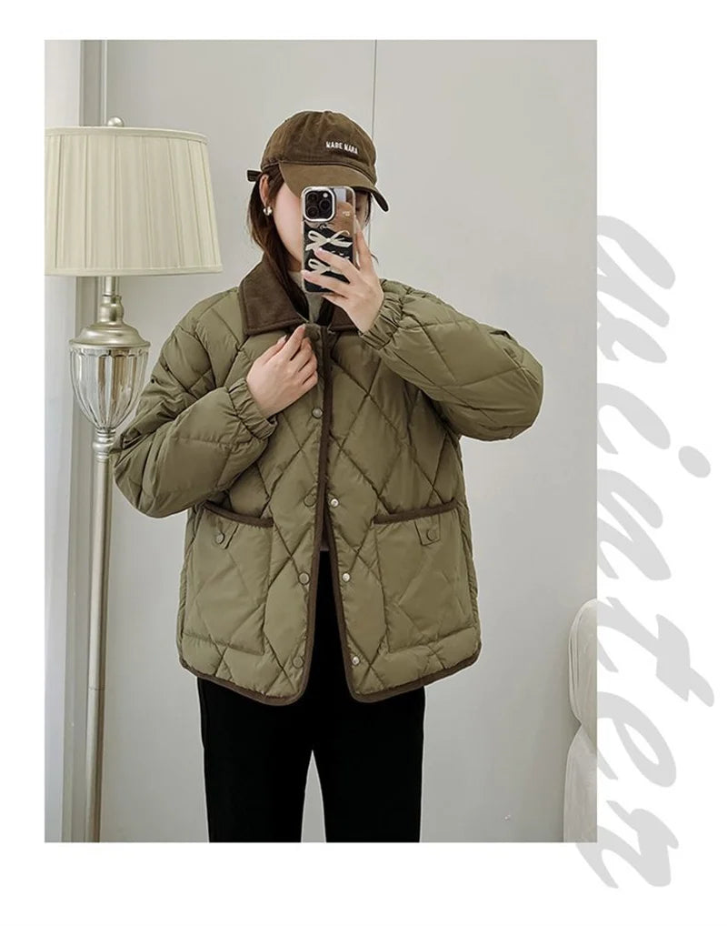 Women's PU Leather Quilted Jacket – Short Cotton-Padded Coat with Button Closure