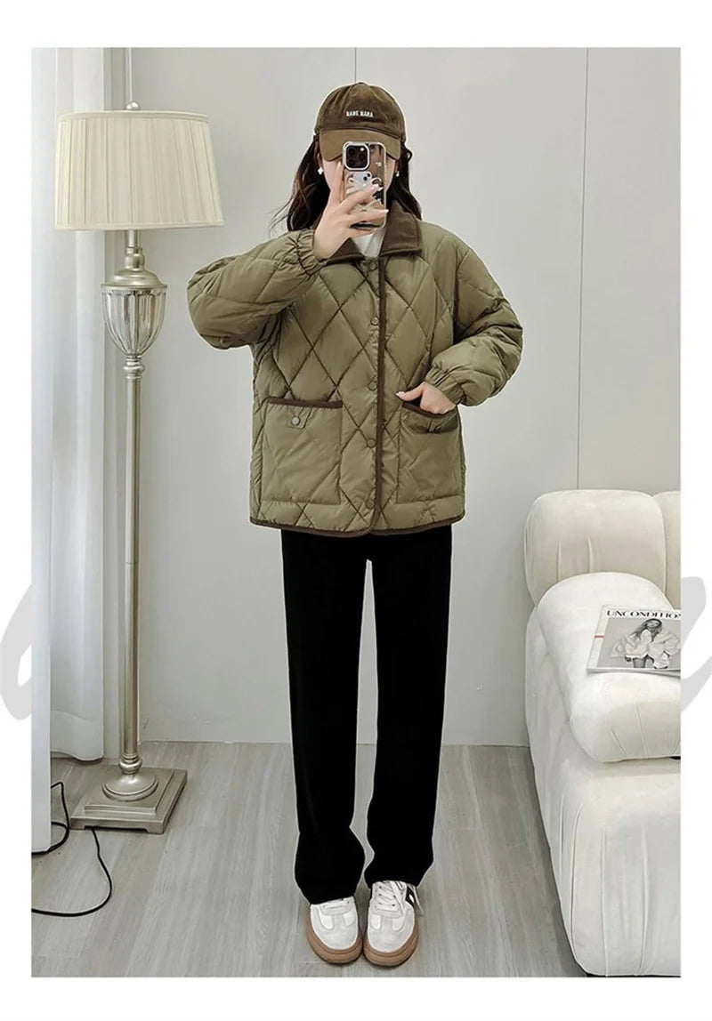 Women's PU Leather Quilted Jacket – Short Cotton-Padded Coat with Button Closure