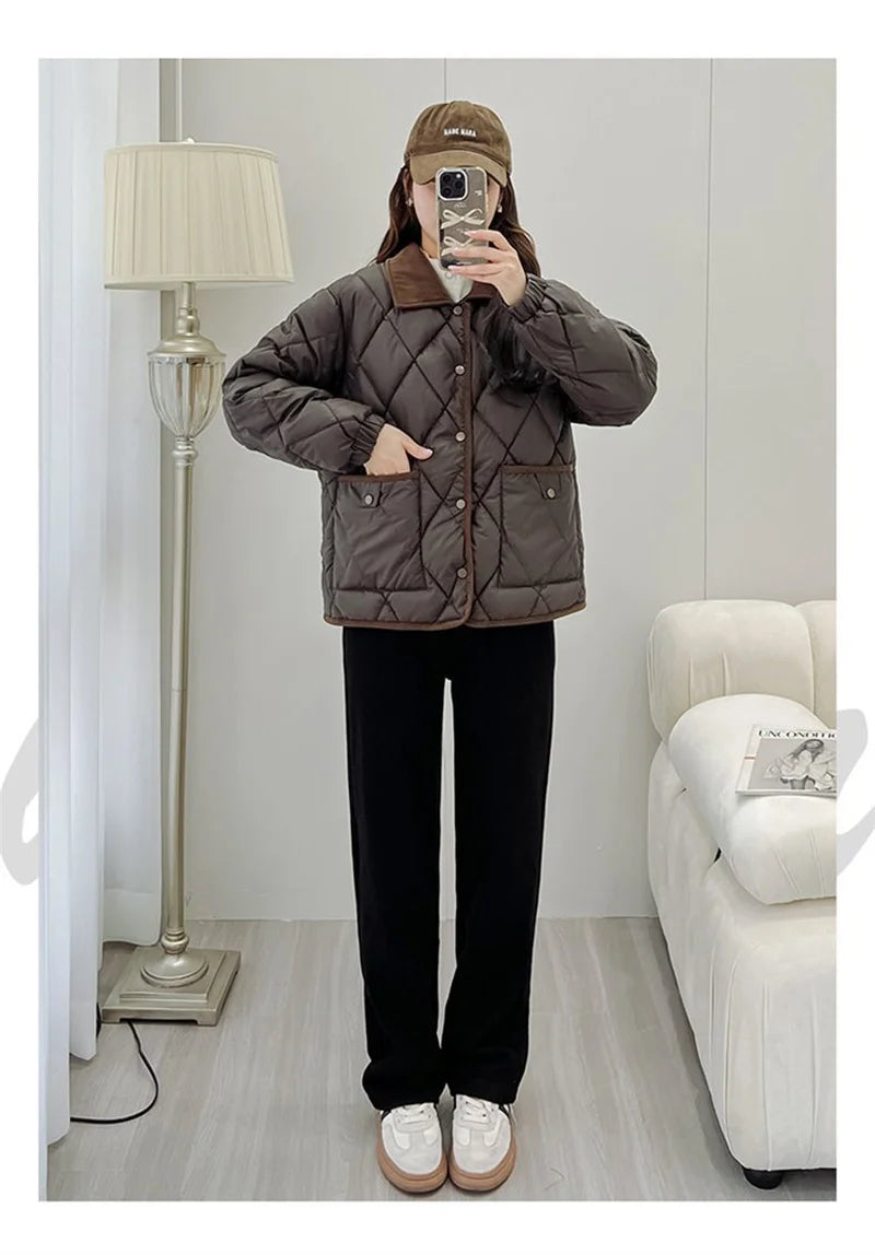 Women's PU Leather Quilted Jacket – Short Cotton-Padded Coat with Button Closure