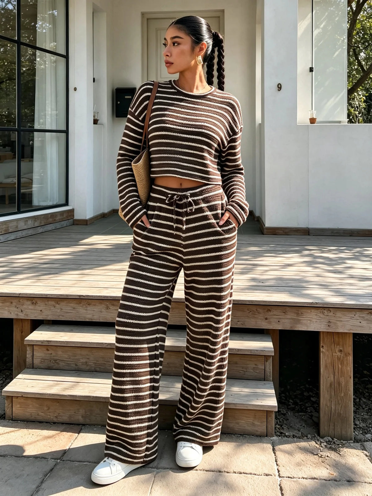 Women's Striped Knit Two-Piece Set – Crop Top & Wide-Leg Trousers