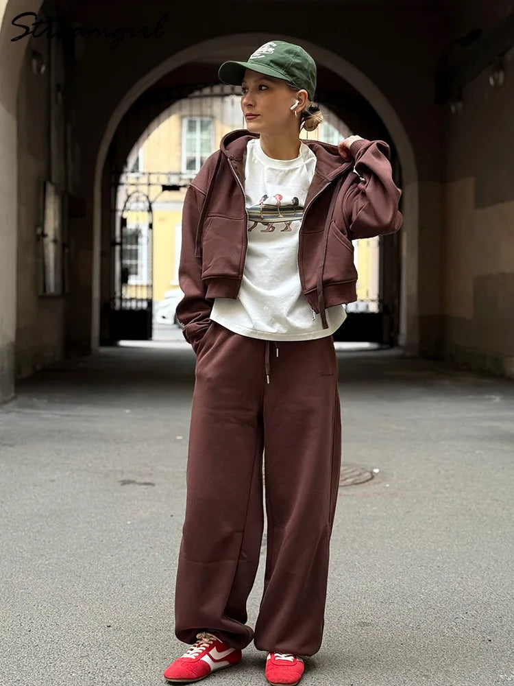 Women's Fleece Tracksuit Set – Zip-Up Hoodie & Wide-Leg Sweatpants | 2-Piece Lounge Set