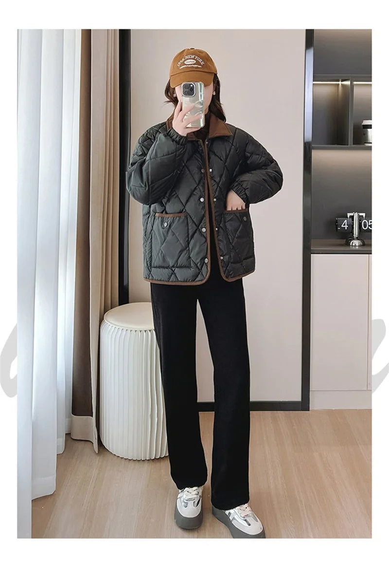 Women's PU Leather Quilted Jacket – Short Cotton-Padded Coat with Button Closure