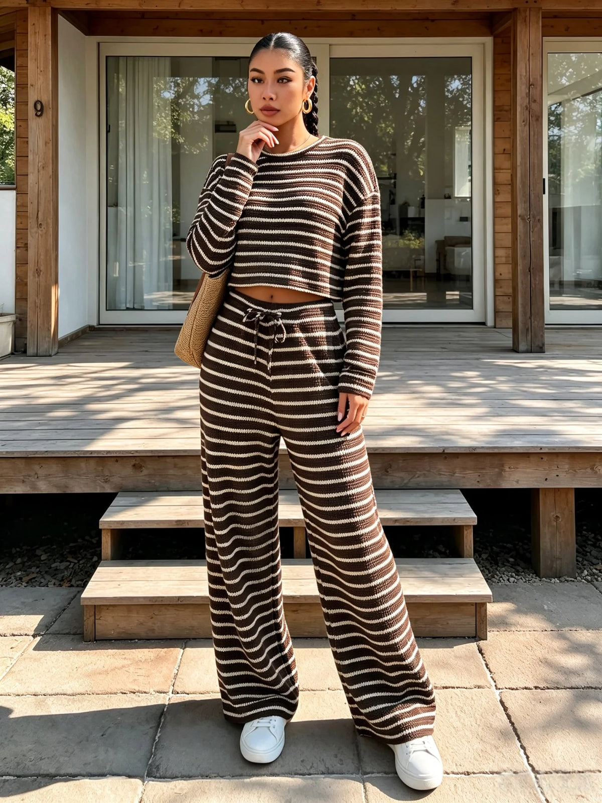 Women's Striped Knit Two-Piece Set – Crop Top & Wide-Leg Trousers