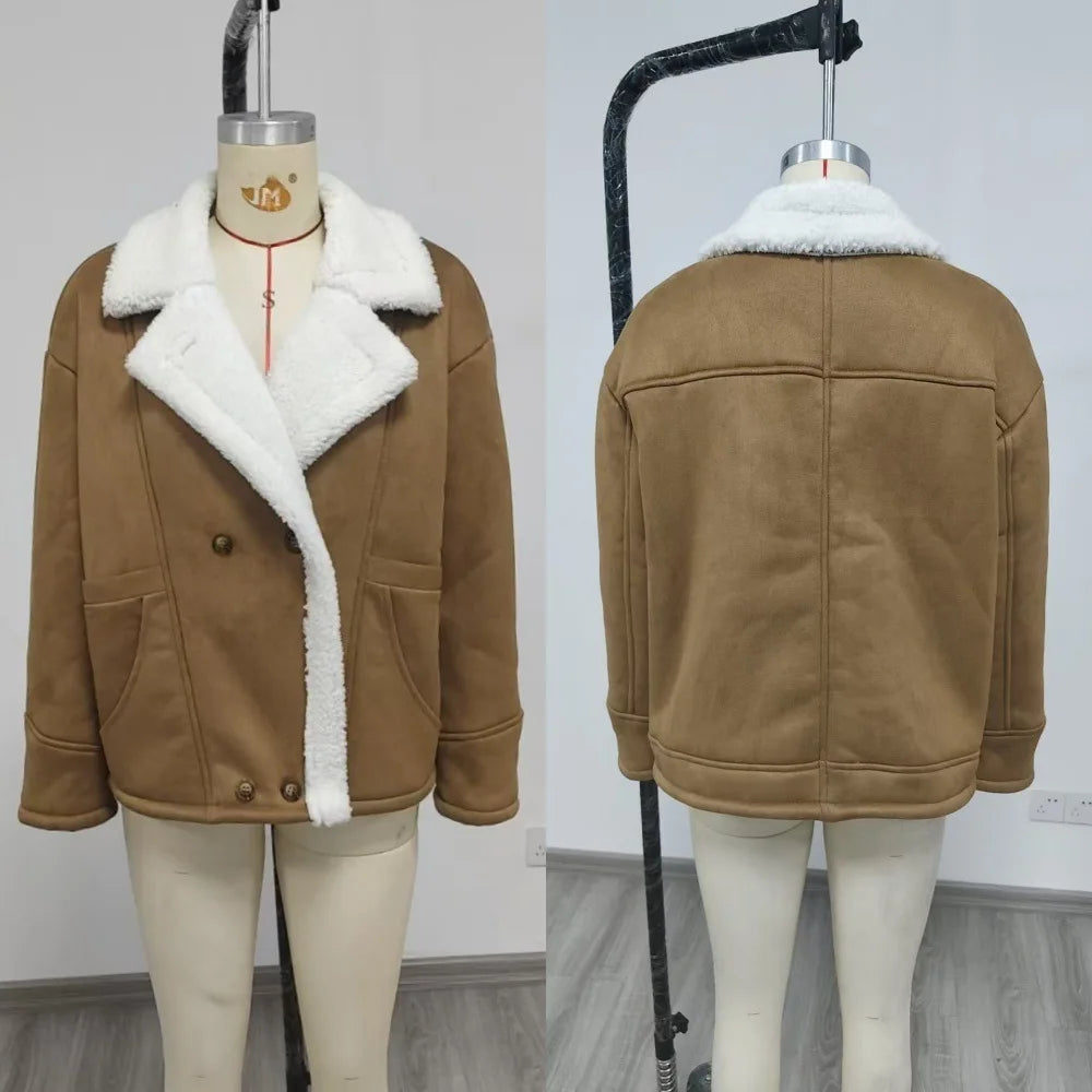 Retro Faux Lambswool Patchwork Warm Jacket Women Winter Loose Fleece Lined Thick Outerwear Woman Fashion Turn Label Cotton Coats