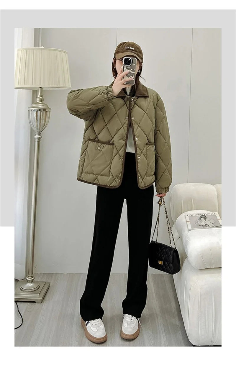 Women's PU Leather Quilted Jacket – Short Cotton-Padded Coat with Button Closure