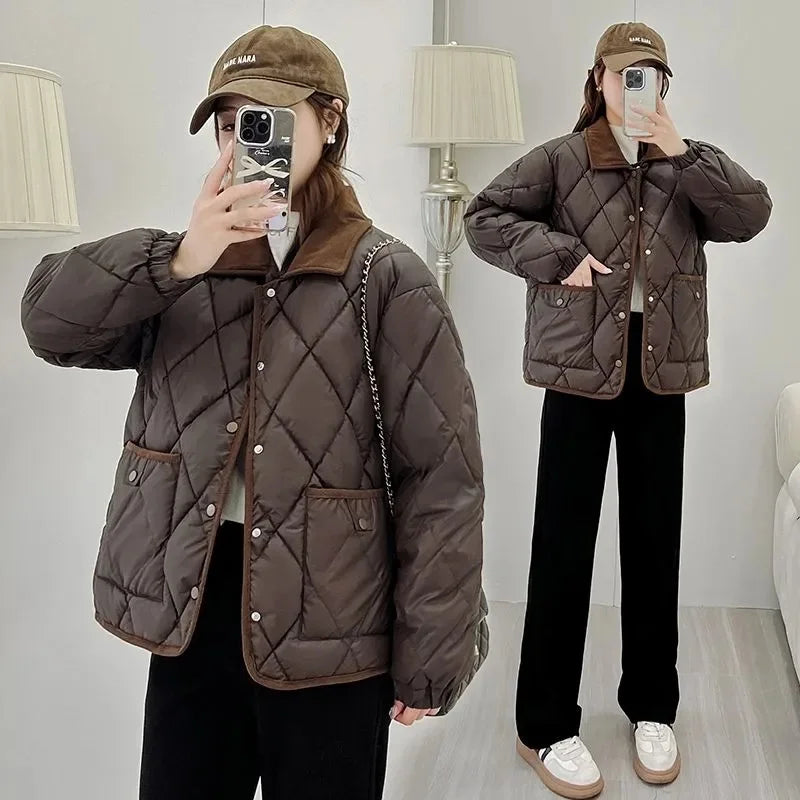 Women's PU Leather Quilted Jacket – Short Cotton-Padded Coat with Button Closure