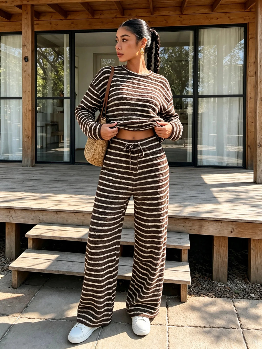 Women's Striped Knit Two-Piece Set – Crop Top & Wide-Leg Trousers