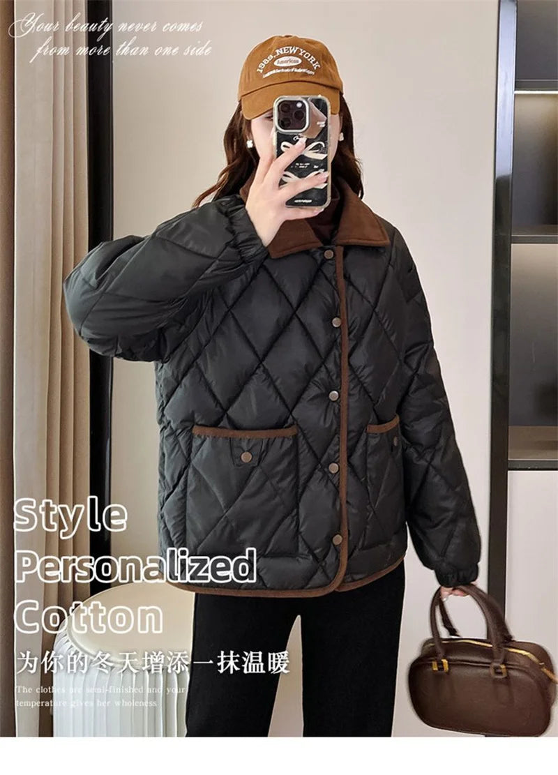 Women's PU Leather Quilted Jacket – Short Cotton-Padded Coat with Button Closure