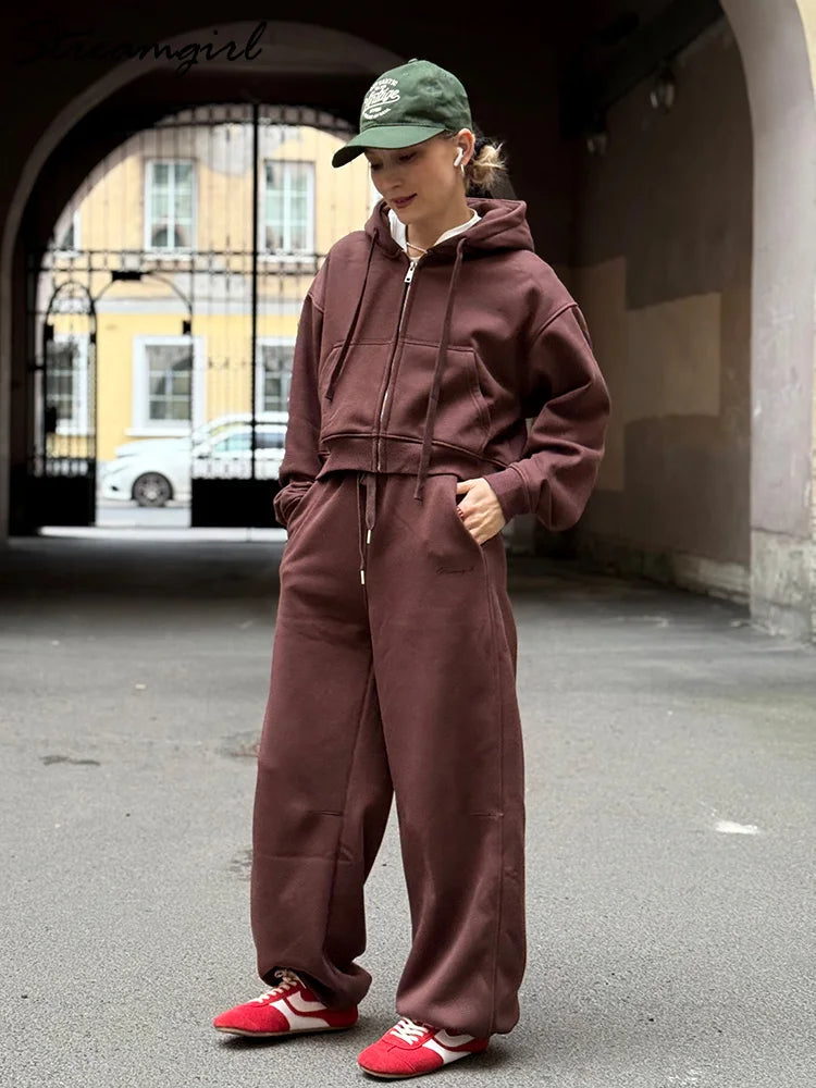 Women's Fleece Tracksuit Set – Zip-Up Hoodie & Wide-Leg Sweatpants | 2-Piece Lounge Set