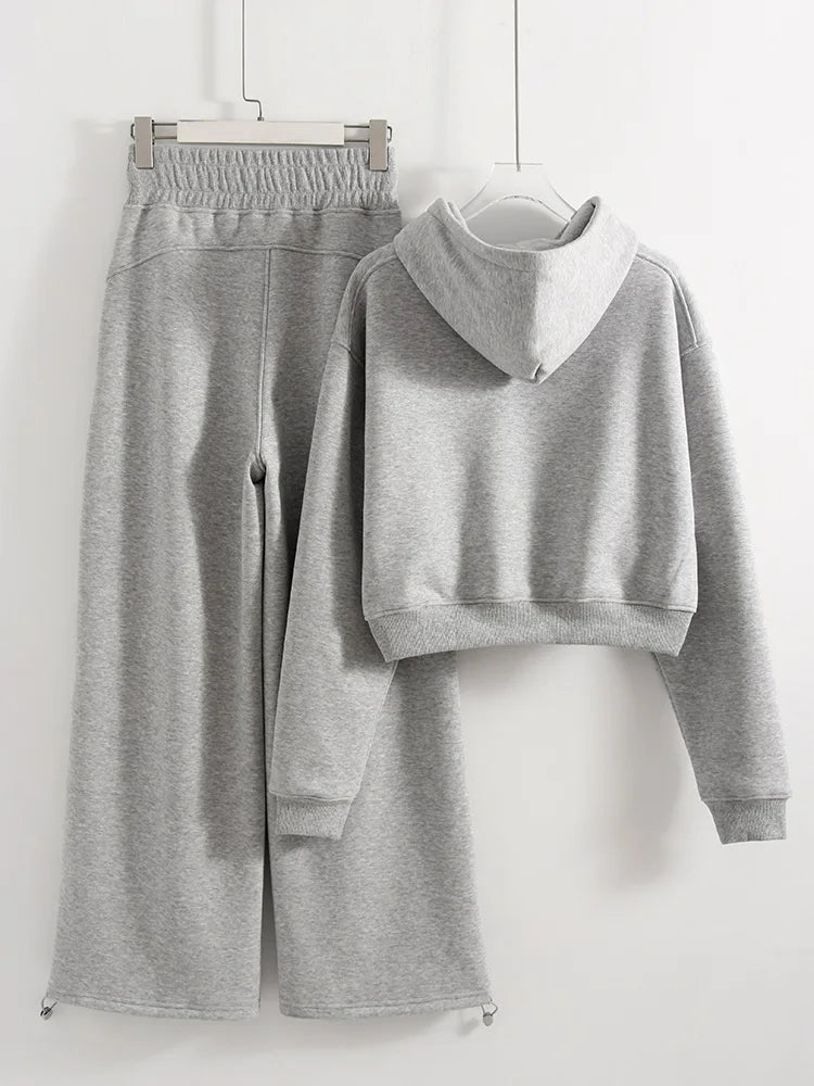 Women's Fleece Tracksuit Set – Zip-Up Hoodie & Wide-Leg Sweatpants | 2-Piece Lounge Set