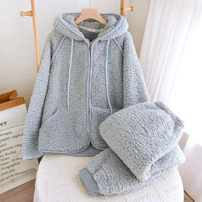 Women’s Fluffy Hooded Pyjama Set – Warm Zip-Up Winter Loungewear