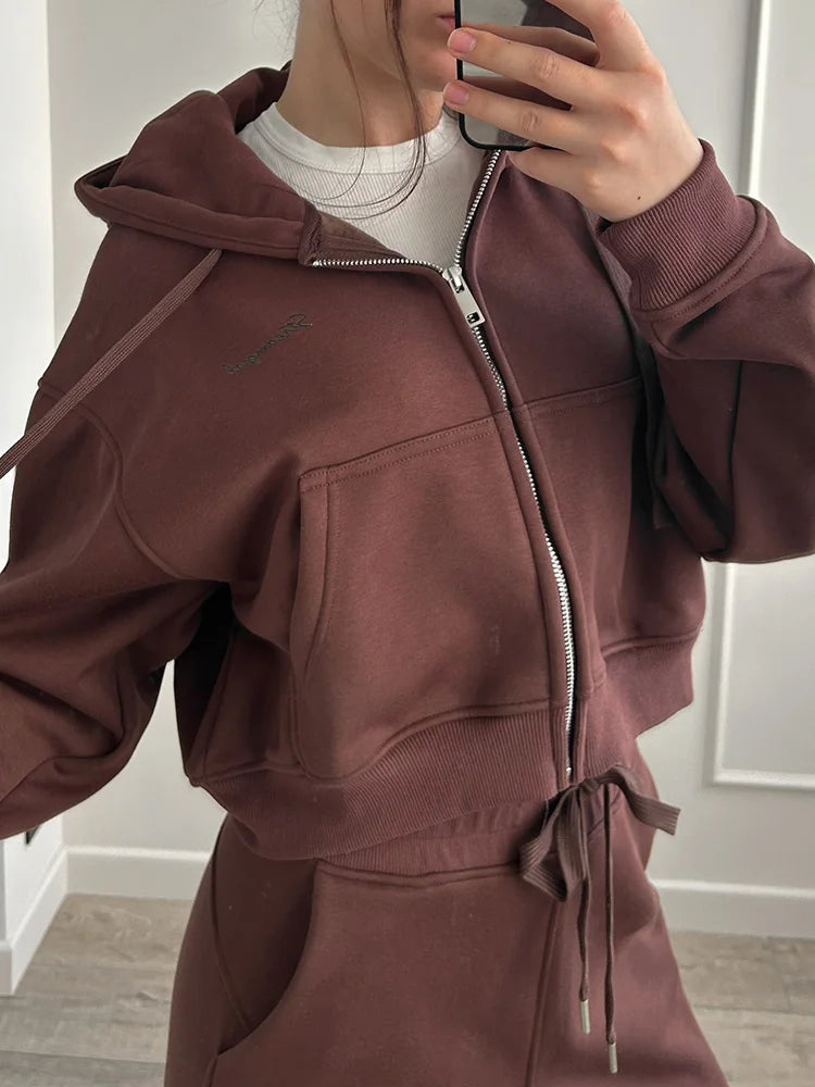 Women's Fleece Tracksuit Set – Zip-Up Hoodie & Wide-Leg Sweatpants | 2-Piece Lounge Set